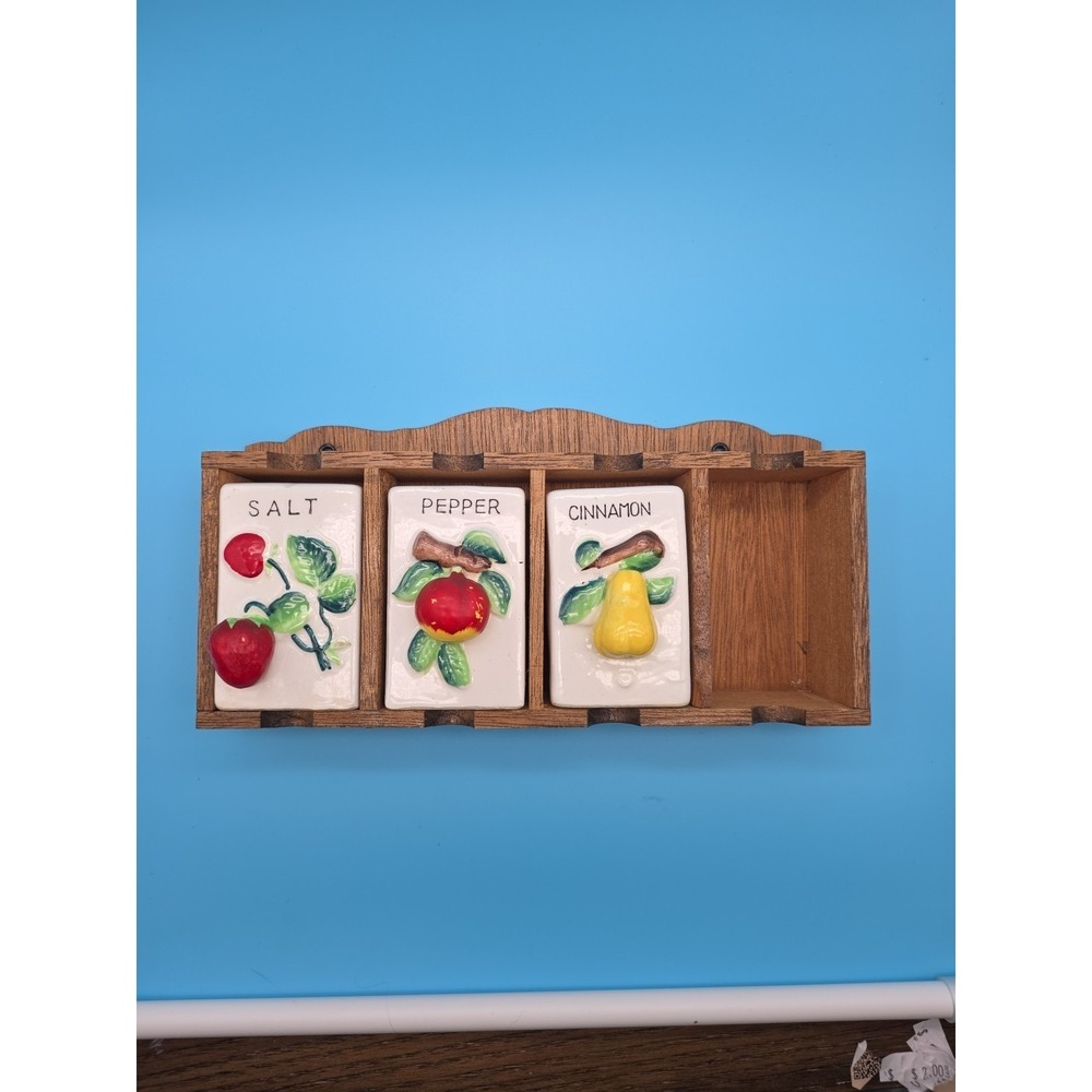 Vintage Wooden Spice Rack Cabinet With 3 Ceramic Jars Colorful Fruits Japan